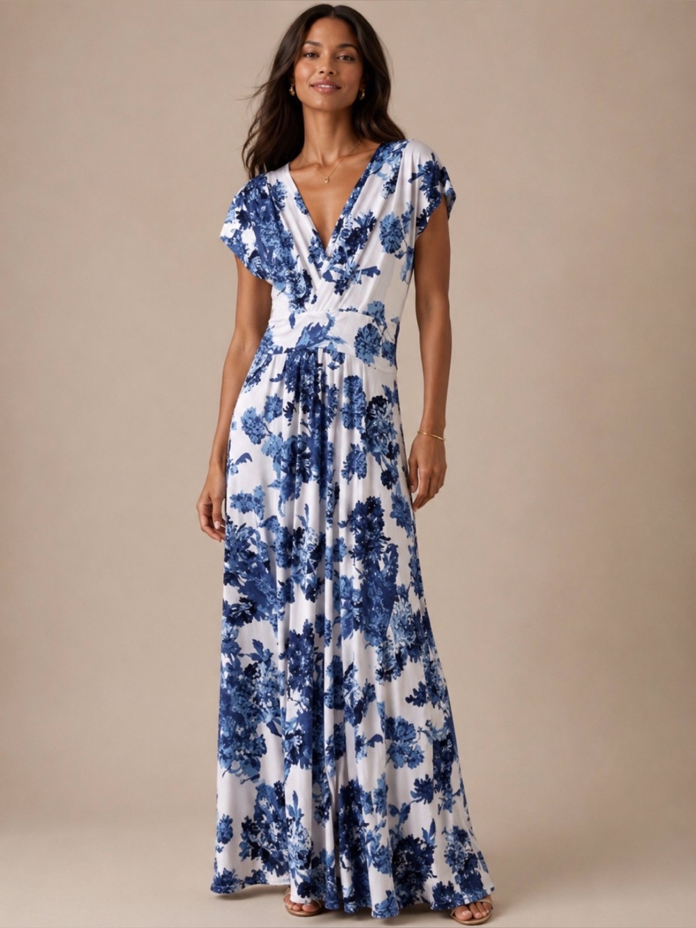 IMAN Global Chic Boho Blue Floral Maxi Dress Women’s MT Deep V-Neck Knit Jersey